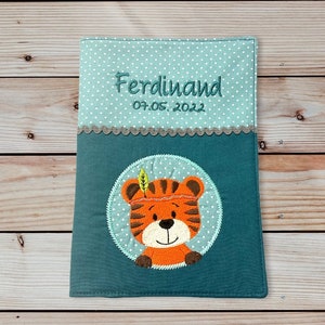 U-booklet cover Tiger personalized with name and date petrol / mint vaccination certificate compartment U-booklet examination booklet image 1