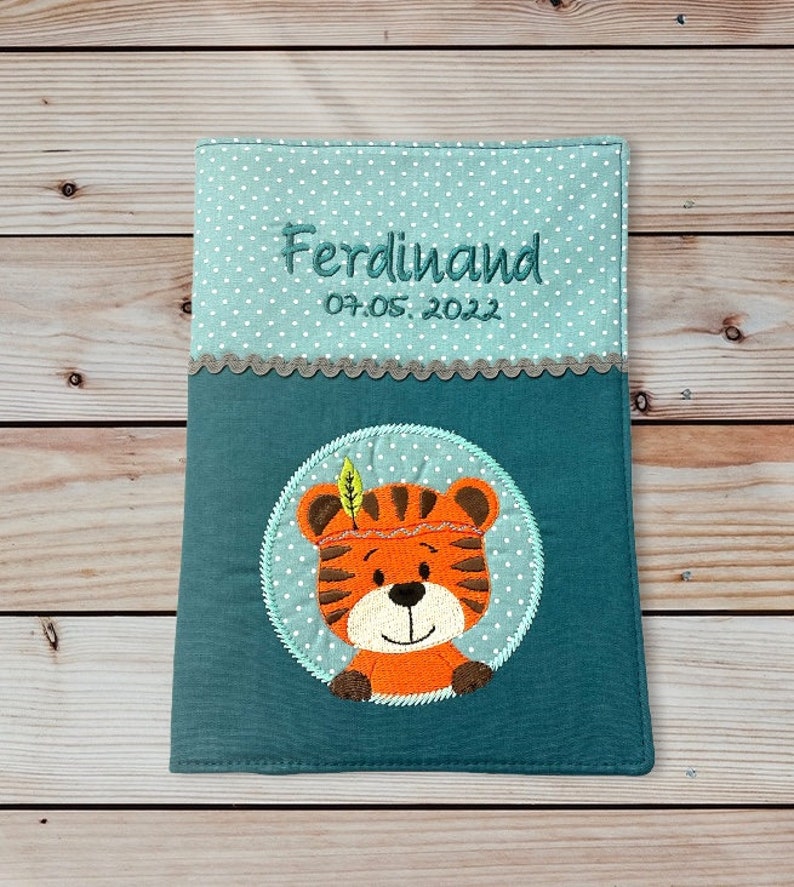 U-booklet cover Tiger personalized with name and date petrol / mint vaccination certificate compartment U-booklet examination booklet image 1