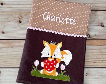 U-booklet cover - fox with heart on meadow --- customizable with name and date - brown / sand - vaccination certificate compartment - U-booklet - examination booklet