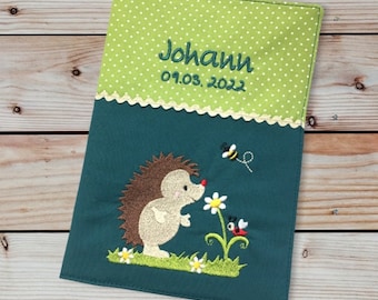 U-booklet cover - hedgehog with beetle --- customizable with name and date - petrol / green - vaccination certificate compartment - U-booklet - examination booklet