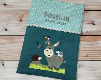 U-booklet cover - donkey with friends --- personalized with name and date - petrol / mint - vaccination certificate compartment - U-booklet - examination booklet