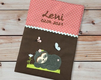 U-booklet cover - sloth girl --- customizable with name and date - brown / old pink - vaccination certificate compartment - U-booklet - examination booklet