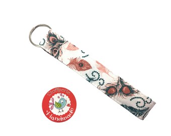 Key chain - feathers - boho - cream / petrol / antique pink