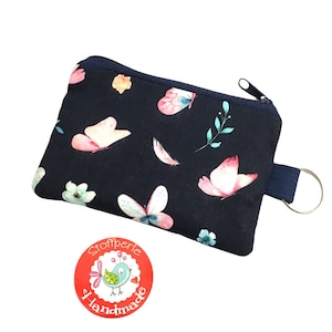 Mini-Börse - Schmetterlinge / Blumen - dunkelblau / rosa / mint