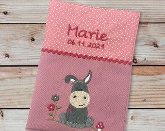 U-booklet cover - donkey with mushroom --- personalized with name and date - old pink - vaccination certificate compartment - U-booklet - examination booklet