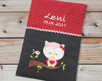 U-booklet cover - owl on a branch --- customizable with name and date - gray / red - vaccination certificate compartment - U-booklet - examination booklet