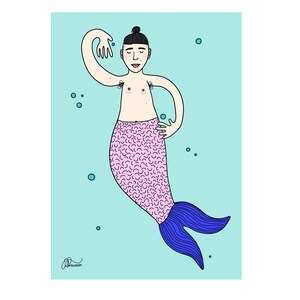 Könnte beinhalten: Eine digitale Illustration einer Meerjungfrau mit rosa Schuppen und einem blauen Schwanz. Die Meerjungfrau hat einen Dutt im Haar und schwebt in blauem Wasser mit Blasen.