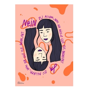 Könnte beinhalten: Digitale Illustration mit zwei stilisierten Gesichtern, langen schwarzen Haaren und lila Lippenstift, auf einem pfirsichfarbenen Hintergrund mit orangefarbenen Formen. Das Wort "Nein" steht oben, mit Text in einem Kreis.