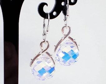 Aurora borealis . Tear drop . Swarovski earrings , crystal earrings . sterling silver 925 , Crystal drop earrings