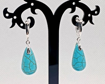 Genuine turquoise , Raw stone earrings , Gemstone Earring Sterling Silver , Lever Back , Turquoise Jewelry , Tear drop Earrings