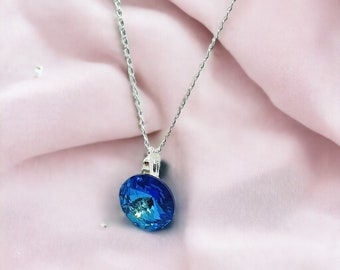 Royal blue . Swarovski Crystal Necklace , Sterling silver . Ocean Blue . Pendant necklace