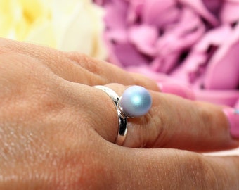 Light Blue . Pearl Ring, Swarovski Ring , Sterling Silver Ring ,  Adjustable Ring, Wedding Ring . Promise Ring