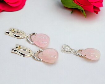 Rose quartz . Jewelry set , Sterling silver,  Tear drop . Earrings and pendant , Delicate . Rose quartz jewelry set