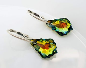 Green Baroque Swarovski crystal earrings . Sterling Silver Tear drop . Lever back Earrings Dangle earrings . BBbebeautiful