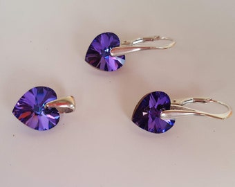 Purple heart set . Swarovski crystal . jewelry set . earrings and pendant set . crystal earrings . sterling silver 925 . Violet jewelry