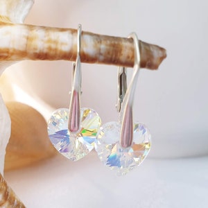 Aurora Borealis, Swarovski Earrings, Heart Earrings, Sterling Silver earrings, Lever back, Dangle earrings