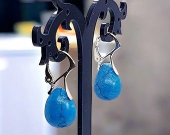 Blue turquoise earrings . gemstone earrings , sterling silver , birthstone earrings . tear drop . lever back