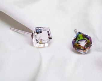 Yellow green. Swarovski crystal . Cube earrings . Sterling Silver . Cubist studs . Small earrings . Cubes . Geometric earrings