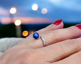 Blue Pearl Ring, Swarovski Ring, Sterling Silver Ring,  Adjustable Ring, Promise Ring, Wedding Ring, Navy Blue Pearl Ring