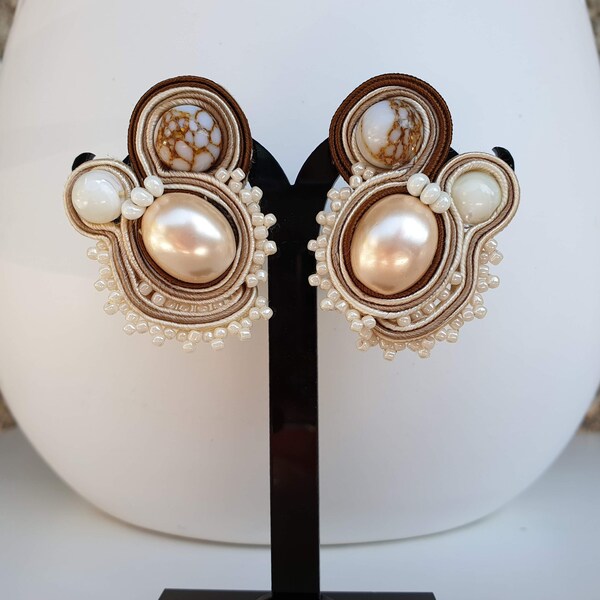 Soutache earrings , Bohemian jewelry , Large Pearl earrings , Light golden Pearl earrings , Crystal earrings , Mother of pearl