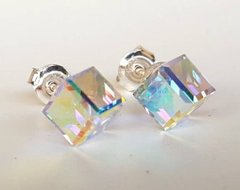 Aurora borealis , Swarovski crystal , Cube earrings , Silver earrings , Bridal earrings Cubist , Bridesmaid earrings Cubes Geometric jewelry