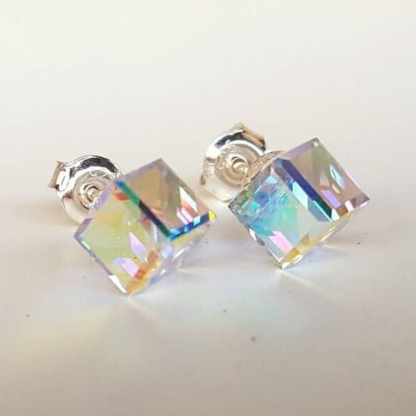 Swarovski crystal studs, Sterling Silver earrings, Swarovski crystal earrings, Cube Crystal earrings 8mm