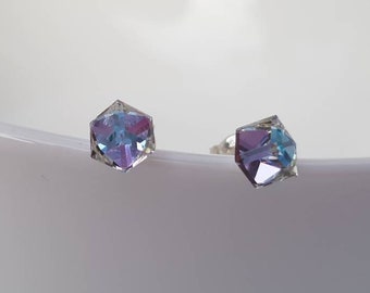 Swarovski crystal . stud earrings . Cube earrings . silver earrings , Tiny earrings .  geometric earrings