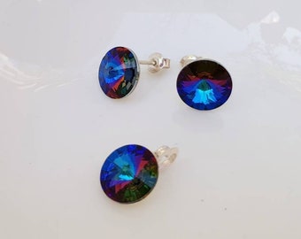 Night sky blue and purple . Swarovski crystal jewelry set , Sterling Silver, Earrings and Pendant , Stud earrings, Navy blue pendant