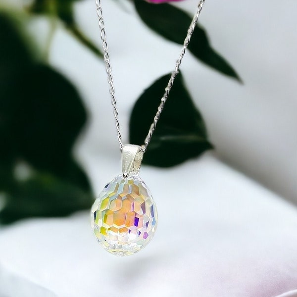 Clear Swarovski Crystal Ball Necklace, Sterling Silver, Aurora Borealis. Swarovski Round Crystal Pendant Necklace, Dainty. Simple Jewelry