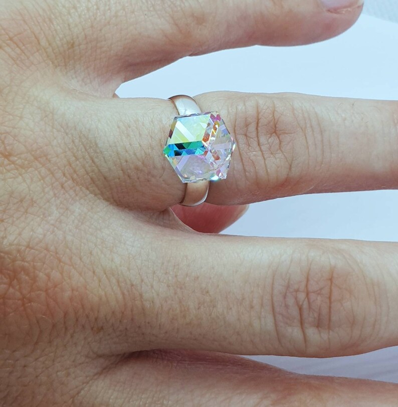 Large Crystal Swarovski Ring/ Aurora Borealis Sterling Silver Etsy