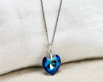 Royal Blue Heart Swarovski Necklace . Sterling silver . Large Crystal Necklace . Pendant Necklace . Ocean Blue Necklace