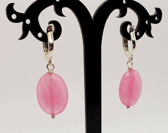 Pink Jade earrings . Sterling silver . Lever back , Raw Jade earrings , Dangle earrings . Long earrings