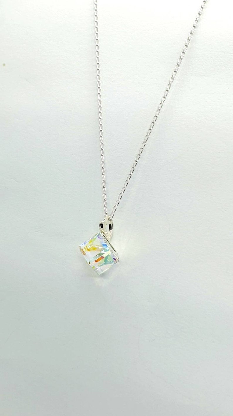 Crystal Oblique Cube Necklace, 8mm In Size In Clear Crystal With A Choice Of Chains &ndash; Byzantium Collection