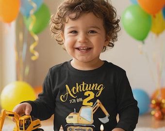 Mikalino Baby / Kinder Longsleeve mit Spruch Achtung ich bin Zwei 2 Bagger Schaufelbagger Langarm  | Geschenkidee