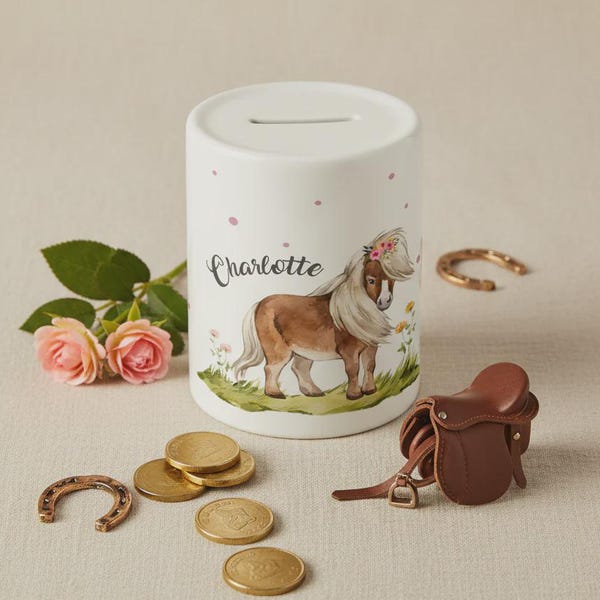 Spardose Pony personalisiert mit Namen Mädchen | Kinderspardose Pony Geburtstagsgeschenk | Spardose mit Namen Taufgeschenk Pony Mikalino