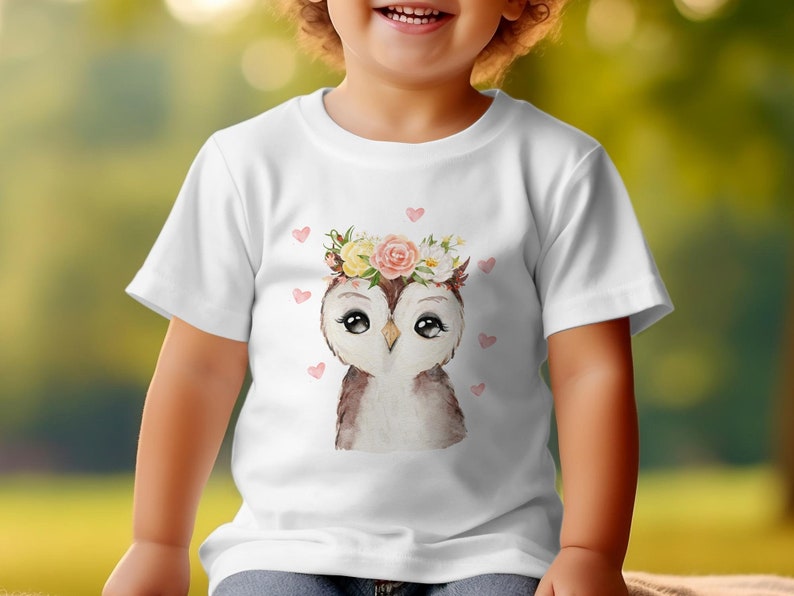 Kinder T-Shirt mit niedlicher Eule, Blumenkranz Motiv, Geschenk für Mädchen, Baumwolle, Größen 92-128 Bild 2