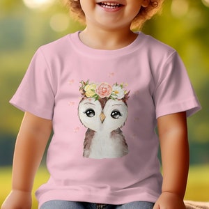 Kinder T-Shirt mit niedlicher Eule, Blumenkranz Motiv, Geschenk für Mädchen, Baumwolle, Größen 92-128 Bild 3