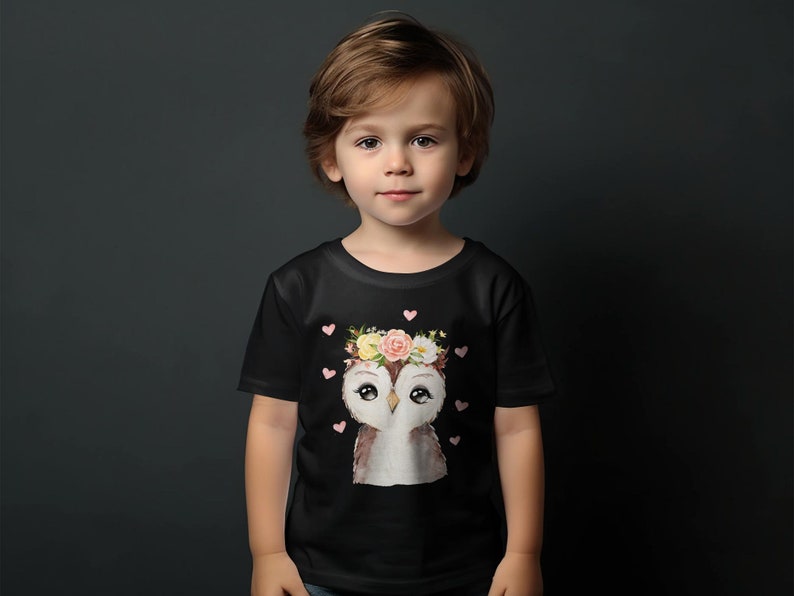 Kinder T-Shirt mit niedlicher Eule, Blumenkranz Motiv, Geschenk für Mädchen, Baumwolle, Größen 92-128 Bild 9