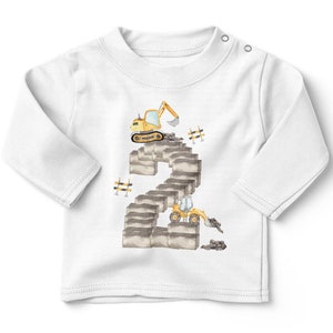 Mikalino Baby / Kinder Longsleeve mit Spruch 2 Bagger Geburtstag Langarm Shirt für Jungen und Mädchen Geschenkidee weiss