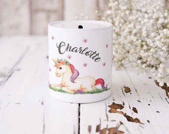 Mikalino Kinder Spardose Einhorn liegend mit Namen Geschenke Geschenkideen Sparschwein