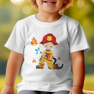 Kinder T-Shirt Feuerwehrmann Cartoon, Lustiges Beruf Kostüm Design, Geschenk für Jungen und Mädchen White