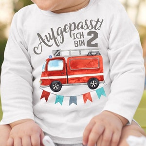 Mikalino Baby / Kinder Longsleeve mit Spruch Aufgepasst ich bin Zwei 2 Feuerwehrauto Langarm  | Geschenkidee