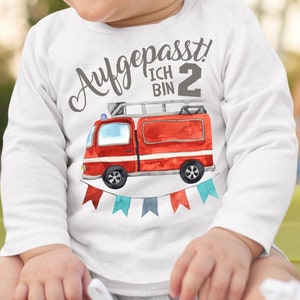 Mikalino Baby / Kinder Longsleeve mit Spruch Aufgepasst ich bin Zwei 2 Feuerwehrauto Langarm Geschenkidee Bild 1