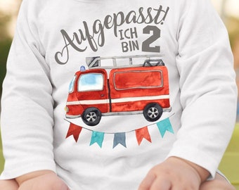 Mikalino Baby / Kinder Longsleeve mit Spruch Aufgepasst ich bin Zwei 2 Feuerwehrauto Langarm  | Geschenkidee