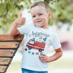 Mikalino Kinder T-Shirt Aufgepasst ich bin 4 - Feuerwehr Kurzarm Shirt für Jungen und Mädchen | Geschenkidee