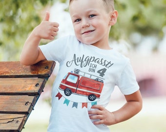 Mikalino Kinder T-Shirt Aufgepasst ich bin 4 - Feuerwehr Kurzarm Shirt für Jungen und Mädchen | Geschenkidee