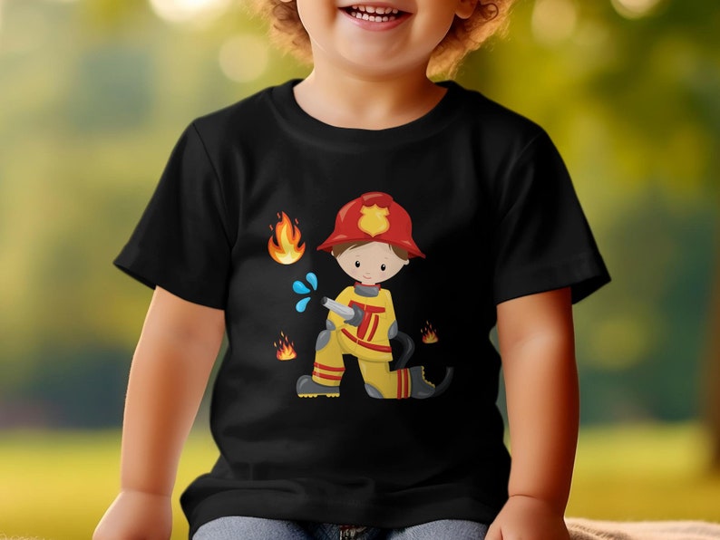 Kinder T-Shirt Feuerwehrmann Cartoon, Lustiges Beruf Kostüm Design, Geschenk für Jungen und Mädchen Bild 7