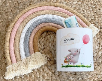 Mikalino Kinder Spardose Süßer Hase mit einem Luftballon personalisiert mit Wunschname Geschenke Geschenkideen Sparschwein