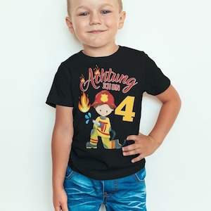 Mikalino Kinder T-Shirt Achtung ich bin 4 Vier Feuerwehr Kurzarm Shirt | Geschenkidee