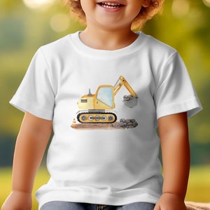 Kinder T-Shirt mit Bagger-Motiv, Gelber Bagger Druck, Jungen Baumwollshirt, Geschenk für Kleinkinder, Baustellen-Shirt, Spielzeugmotiv image 2